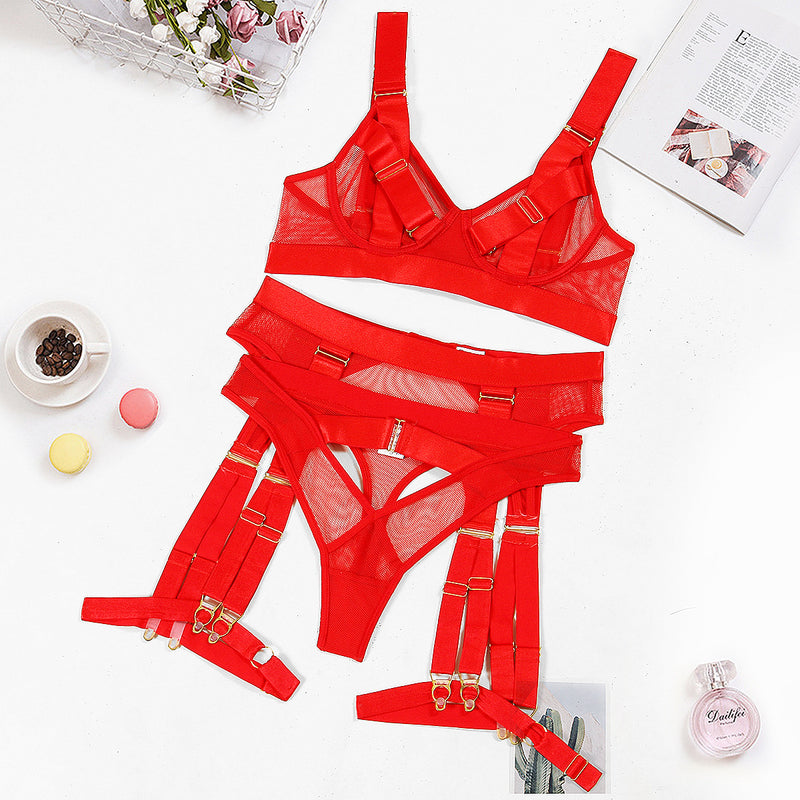 Red Voilence! Sexy Lingerie Bra Panty and Garter 3-Piece Matching Set, Sexy Lingerie Underwear