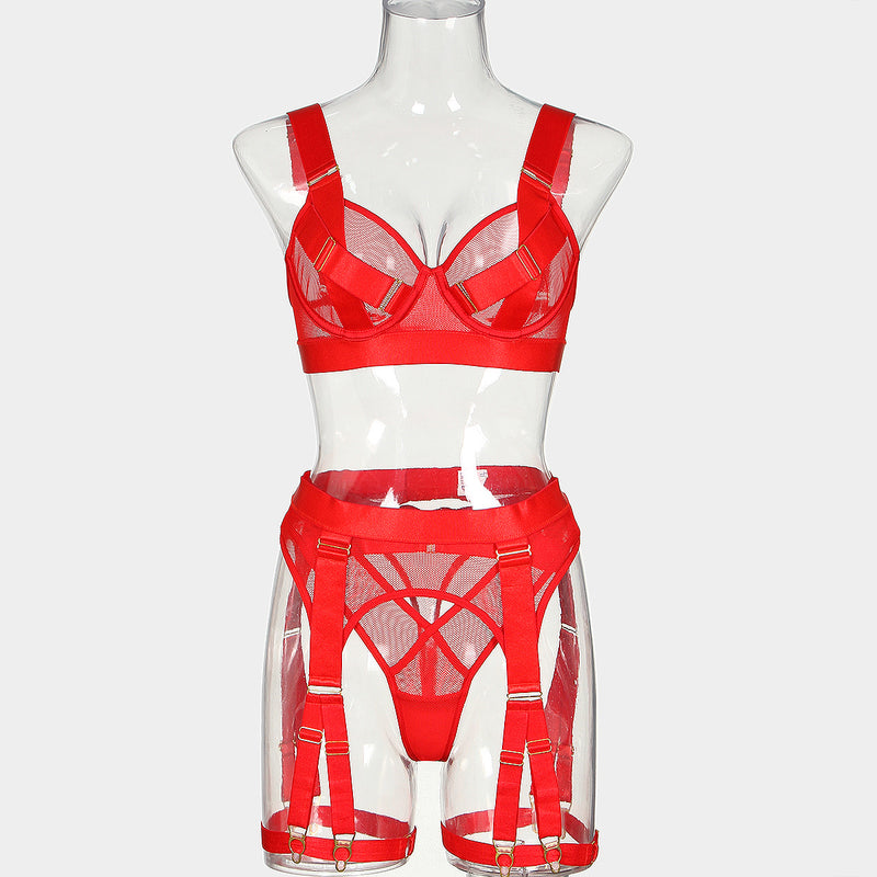 Red Voilence! Sexy Lingerie Bra Panty and Garter 3-Piece Matching Set, Sexy Lingerie Underwear