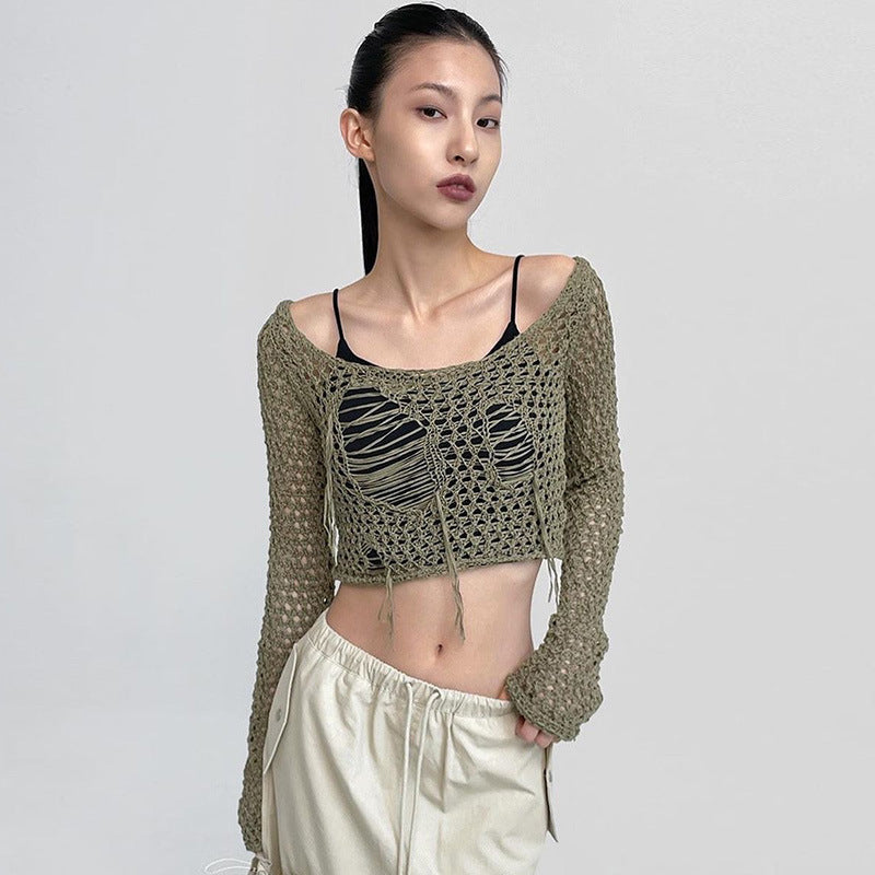 Ripped Fishnet Bikini Cover Sweater Crop Top! Sexy Bikini Cover Knitwear 2308