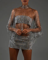 Blingbling Long Sleeve See-through Fishnet Top with Shining Rhinestones , Bikini Cover Up Shirt 2311