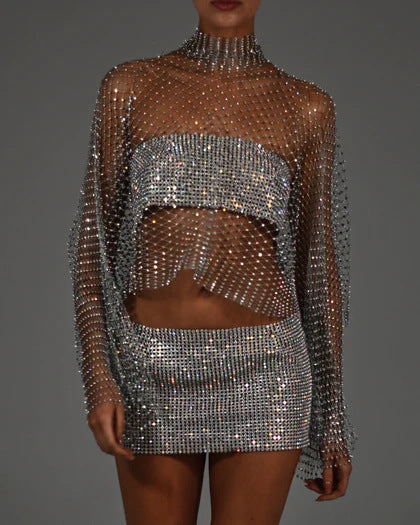 Blingbling Long Sleeve See-through Fishnet Top with Shining Rhinestones , Bikini Cover Up Shirt 2311