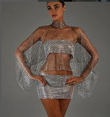 Blingbling Long Sleeve See-through Fishnet Top with Shining Rhinestones , Bikini Cover Up Shirt 2311