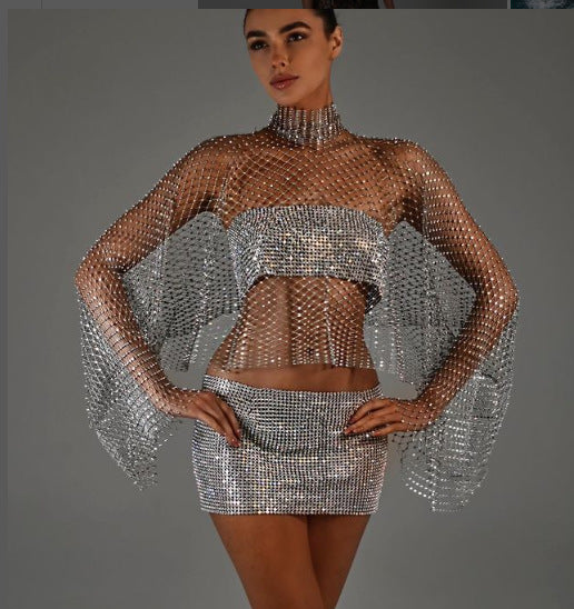 Blingbling Long Sleeve See-through Fishnet Top with Shining Rhinestones , Bikini Cover Up Shirt 2311