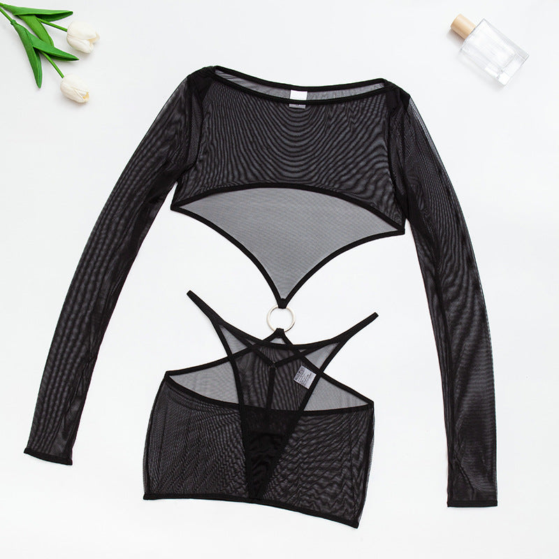 Black Long Sleeve See-through Mesh! Sexy Long Sleeve Lingerie Tight and Panty 2-Piece Matching Set, Sexy Lingerie Underwear
