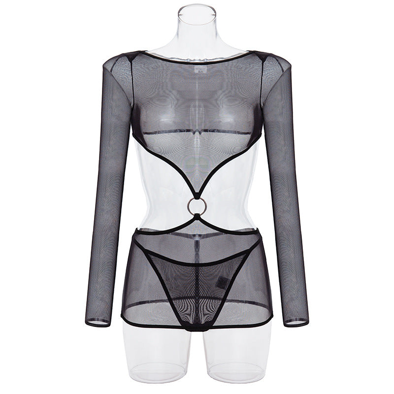 Black Long Sleeve See-through Mesh! Sexy Long Sleeve Lingerie Tight and Panty 2-Piece Matching Set, Sexy Lingerie Underwear