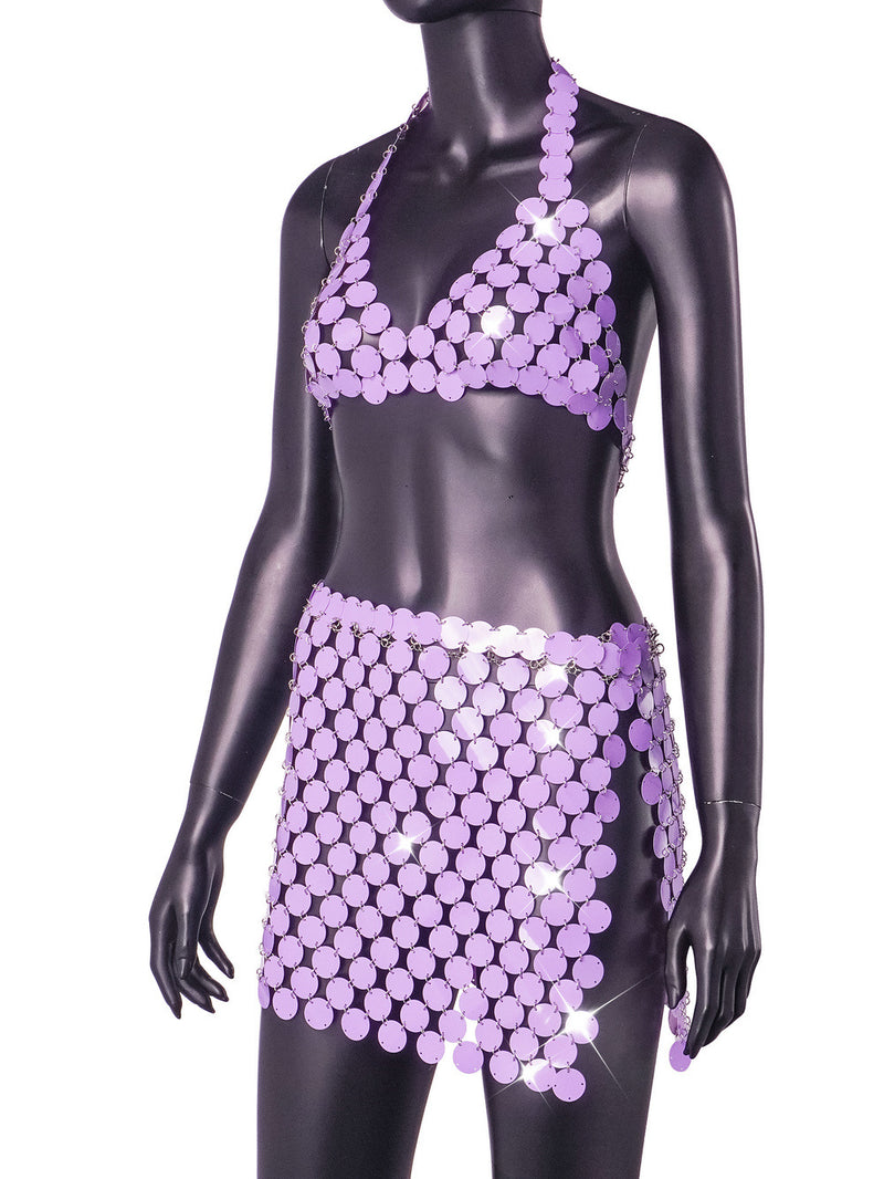 Violet Color Hand Crafted Round Plates Metal Crop Slip Top and Skirt 2-piece Set ! Sexy Hot ClubWear 2307