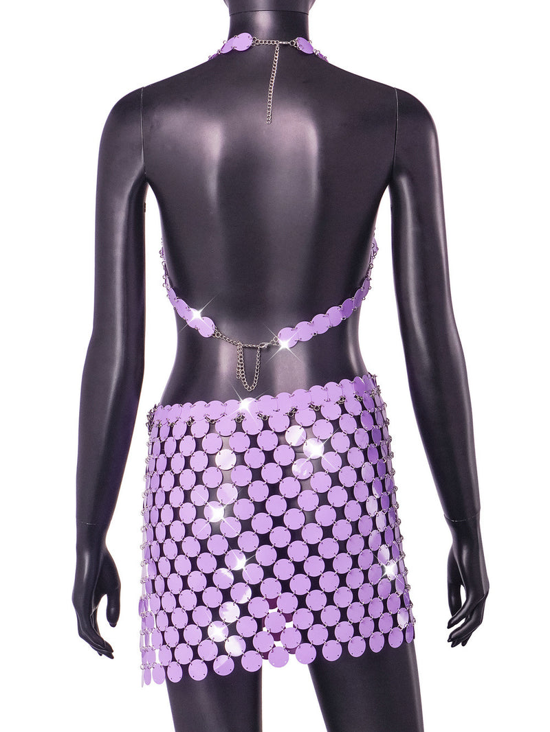 Violet Color Hand Crafted Round Plates Metal Crop Slip Top and Skirt 2-piece Set ! Sexy Hot ClubWear 2307