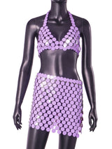 Violet Color Hand Crafted Round Plates Metal Crop Slip Top and Skirt 2-piece Set ! Sexy Hot ClubWear 2307