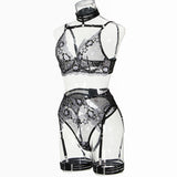 Black and White Floral ! Sexy Lingerie Bra Panty and Garter 3-Piece Matching Set, Sexy Lingerie Underwear