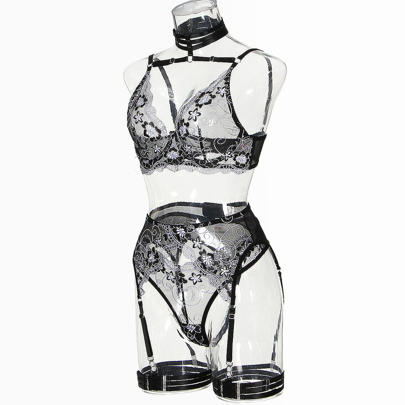 Black and White Floral ! Sexy Lingerie Bra Panty and Garter 3-Piece Matching Set, Sexy Lingerie Underwear