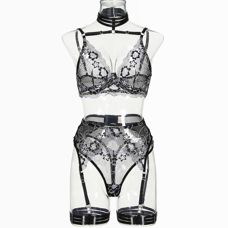 Black and White Floral ! Sexy Lingerie Bra Panty and Garter 3-Piece Matching Set, Sexy Lingerie Underwear