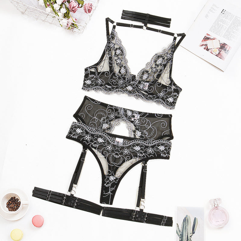 Black and White Floral ! Sexy Lingerie Bra Panty and Garter 3-Piece Matching Set, Sexy Lingerie Underwear