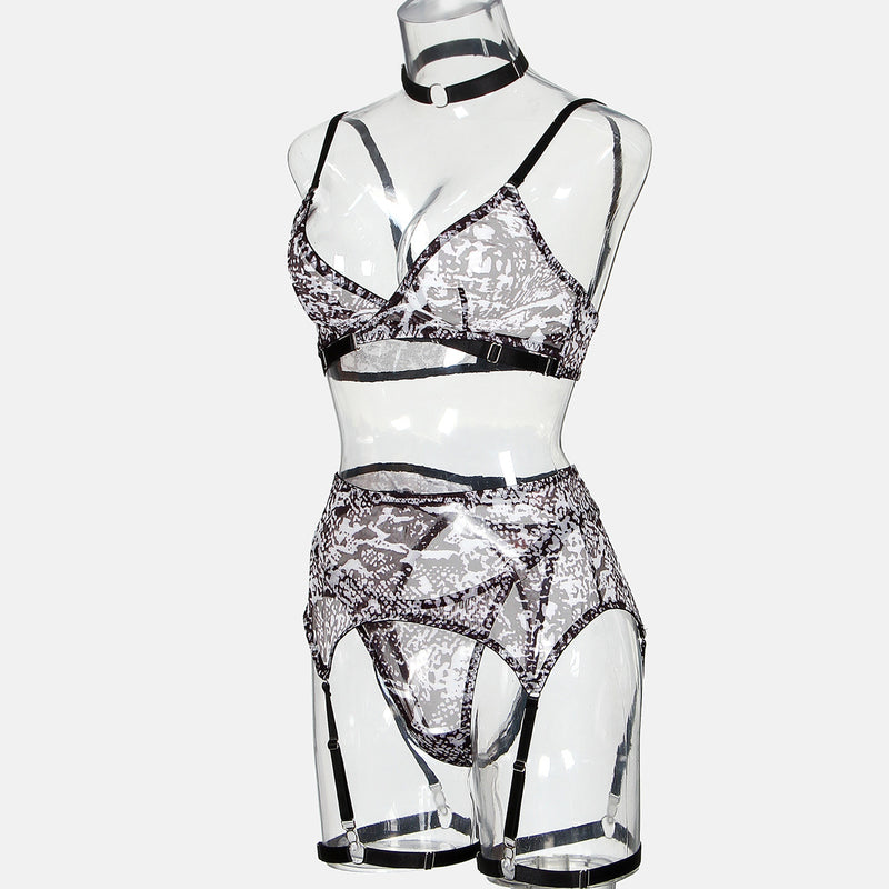 Coffee Snake Skin Pattern! Sexy Lingerie Bra Panty and Garter 3-Piece Matching Set, Sexy Lingerie Underwear