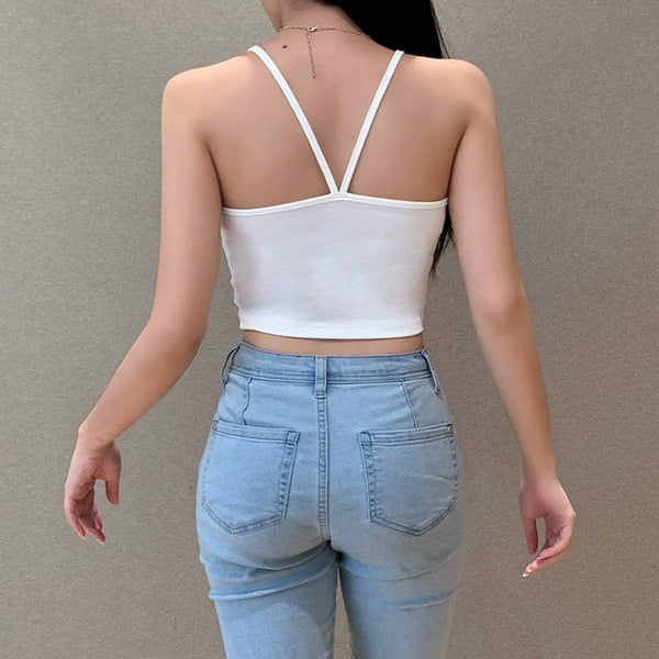 Ribbed Knitted Cotton Backless Slip Crop Top Minimal Basic Style Women's Mini Top !  Designer Fashion 2305