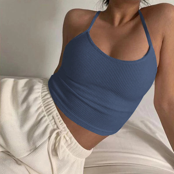 Ribbed Knitted Cotton Backless Slip Crop Top Minimal Basic Style Women's Mini Top !  Designer Fashion 2305