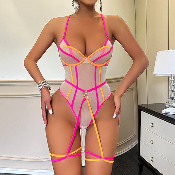 Pink vs Yellow Color Contrast! Sexy Mesh Lingerie Teddy 1-piece Lingerie Set, Sexy Lingerie Underwear