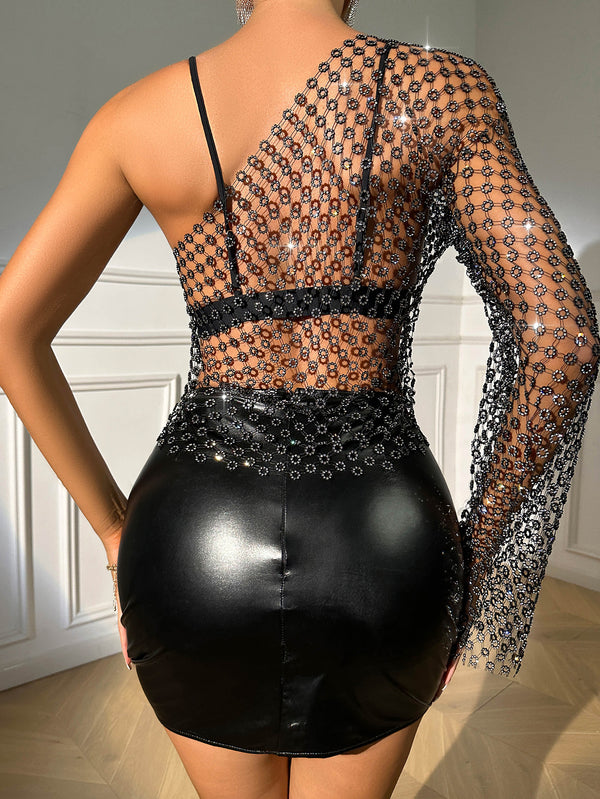 One-Shoulder Sexy Fishnet See-through Mesh Cap Sleeves Top with Rhinestones , Bikini Cover Up ClubWear