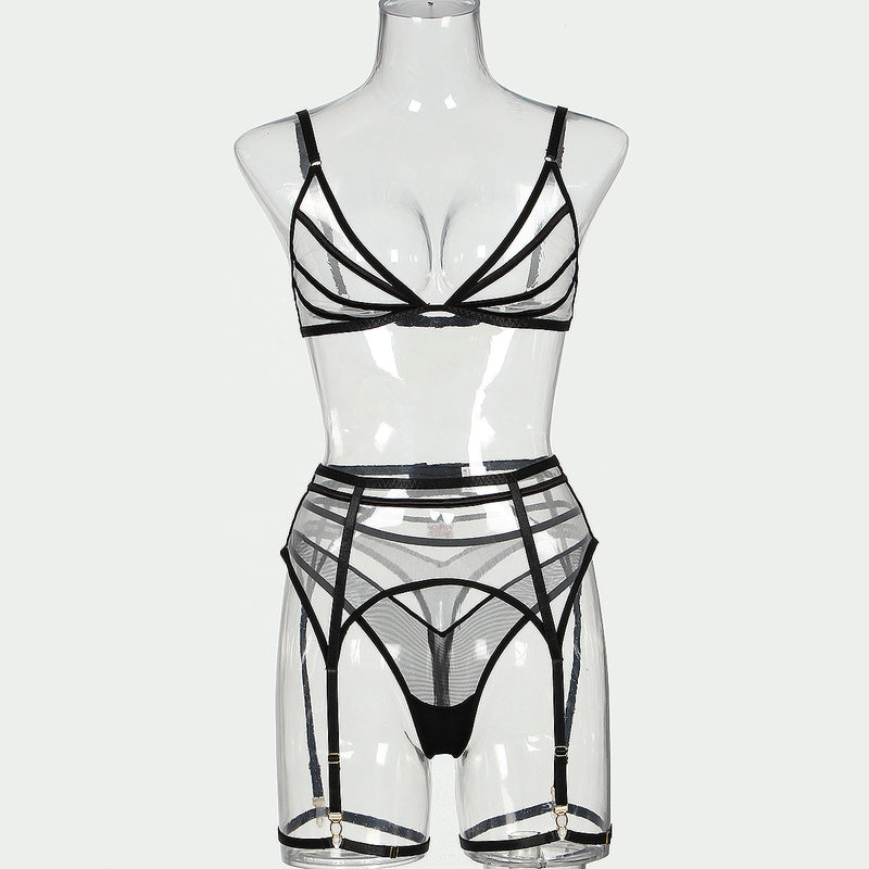 Radiation Stripes! Sexy Mesh Lingerie Top Bra Panty and Garter Skirt 3-Piece Matching Set, Sexy Lingerie Underwear