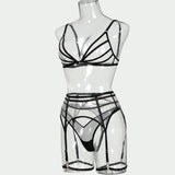 Radiation Stripes! Sexy Mesh Lingerie Top Bra Panty and Garter Skirt 3-Piece Matching Set, Sexy Lingerie Underwear