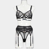 Classic Black Mesh! Sexy Mesh Lingerie Bra Panty and Garter Belt 3-Piece Matching Set, Sexy Lingerie Underwear