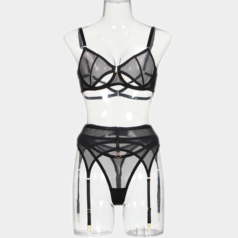 Classic Black Mesh! Sexy Mesh Lingerie Bra Panty and Garter Belt 3-Piece Matching Set, Sexy Lingerie Underwear