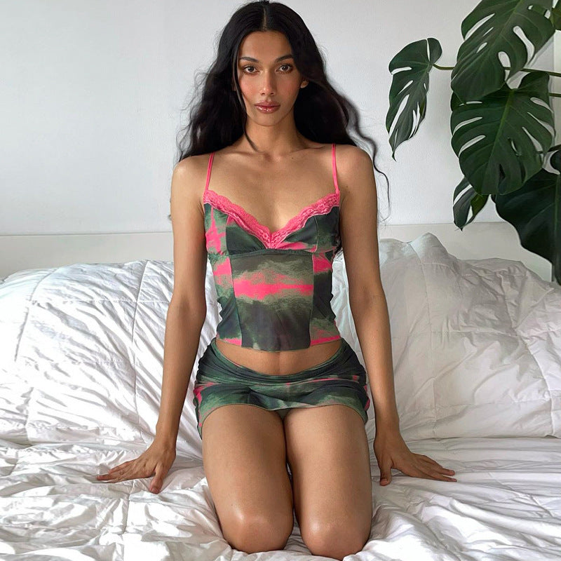 Green Lace Trimmed Tie Dyed Crop Top and Mini Skirt 2-Piece Set! Sexy Hot Club Wear 2305