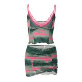 Green Lace Trimmed Tie Dyed Crop Top and Mini Skirt 2-Piece Set! Sexy Hot Club Wear 2305