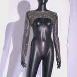 Bling bling Long Sleeve Mesh Crop Top with Shining Rhinestones, Bikini Cover Up Tops, Club Wear