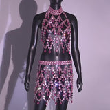 Pink Crystal Hand Crafted Square Plates Metal Crop Top and Mini Skirt 2-Piece Set, Sexy Hot Body Jewelry 2308