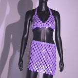 Violet Color Hand Crafted Round Plates Metal Crop Slip Top and Skirt 2-piece Set ! Sexy Hot ClubWear 2307