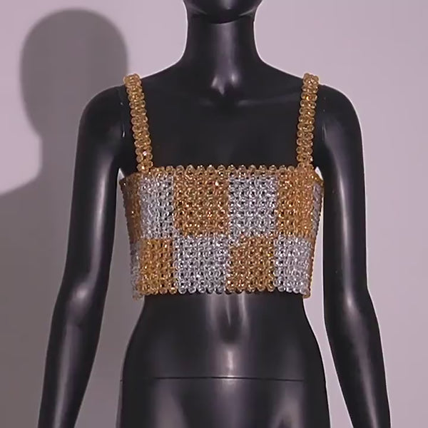 Clear Shine Gold Beads Crop Top! Chic Faux Gem Beads Sexy Tank Crop Top, Shining Hot Tops for Club Party