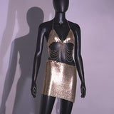 Shine Gold Hand Crafted Metal Fringed Bra Top and Skirt 2-piece Set ! Metallic Sexy Hot ClubWear 2308