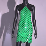 Green Hand Crafted Round Plates Shine Halter Dress ! Sexy Body Jewelry Dress Hot ClubWear 2212