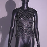 Blingbling Black  Fishnet Tank Top Vest with Shining Rhinestones , Bikini Cover Up Tops