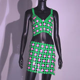 Green-pink Color Hand Crafted Round Plates Metal Crop Slip Top and Skirt 2-piece Set ! Sexy Hot ClubWear 2207