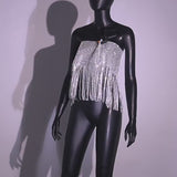 Silver Shine Tassels Fringed Strapless Top with Flicker Fabric , clubwear Night Club Shining Tops