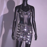 Silver Blingbling Hand Crafted Round and Square Plates Metal Crop Slip Top and Skirt 2-piece Set ! Sexy Hot ClubWear 2307