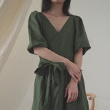 Puffy Sleeves Natural Ramie Linen Casual Pleated Dress!  Comfortable Linen Basic Dress loungewear 2305