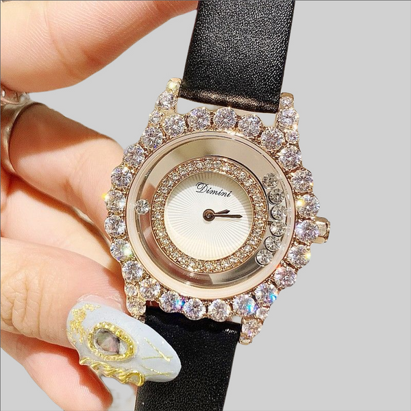 Free Rolling Diamond 36mm! Women Fashion Luxury Quartz Watch with Leather Band, Analog Brass Wrist