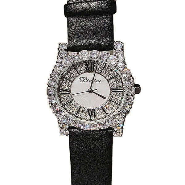 Leather strap Roman Number Full Diamond 38mm! Women Fashion Luxury Quartz Watch with Metal Band, Analog Stainless Steel Wrist