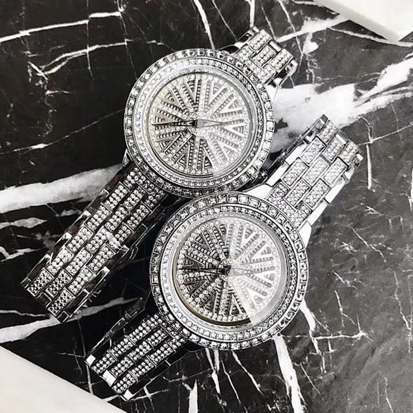 Ten arm Wheel Rotor Full Diamond 39mm! Women Fashion Luxury Quartz Watch with Metal Band, Analog Brass Wrist