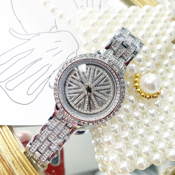 Ten arm Wheel Rotor Full Diamond 39mm! Women Fashion Luxury Quartz Watch with Metal Band, Analog Brass Wrist