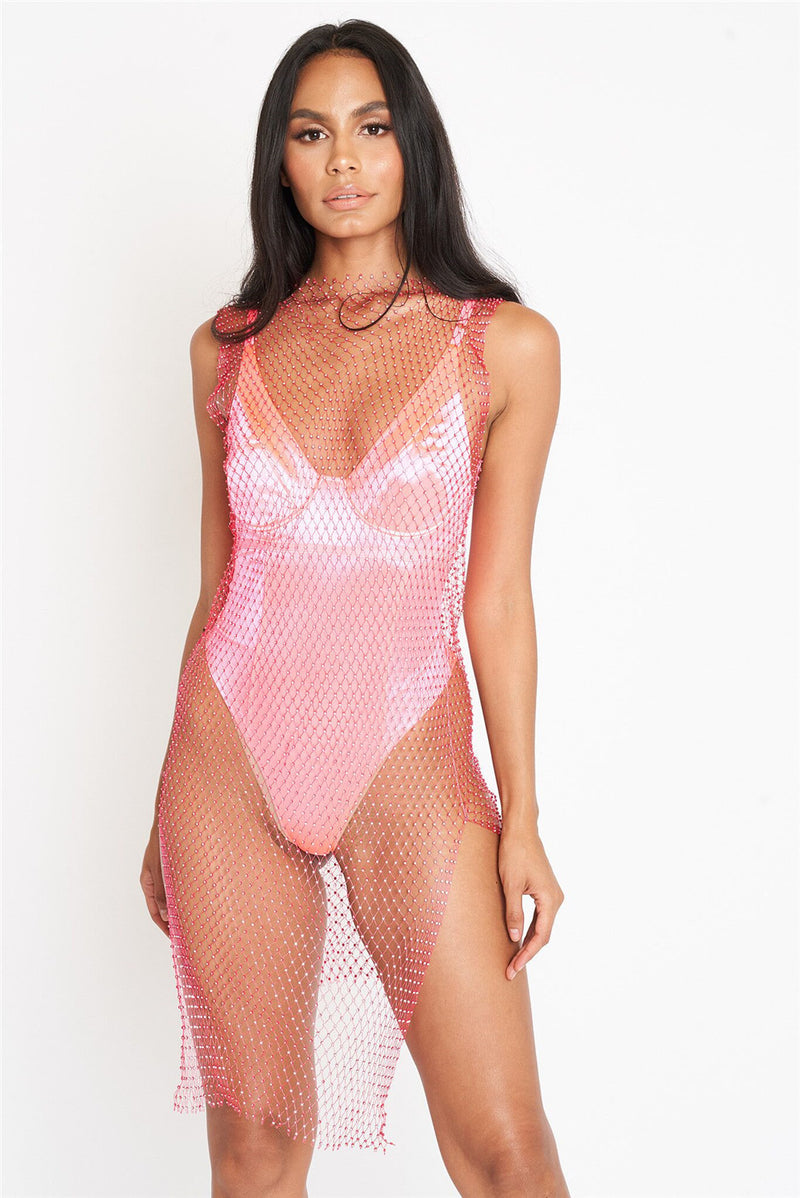 Colorful See-through Mesh Midi Sheath Dress with Rhinestones , Bikini Cover Up ClubWear - KellyModa Store