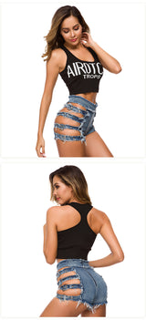 Daring Striped Ripped High Waisted Denim Hot Shorts, Sexy Jeans Nightclub Wear, Hot Pants