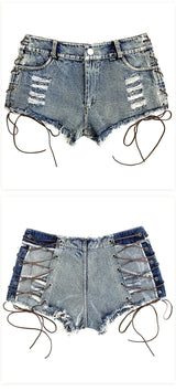 Daring Back Lace Up Middle Waisted Denim Hot Shorts, Sexy Jeans Women Jeans, Femme Bottoms, Hot Pants