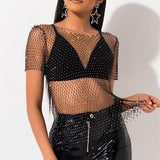 Revealing See-through Mesh Tee Top with Shining Rhinestones , Bikini Cover Up Tops, ClubWear - KellyModa Store