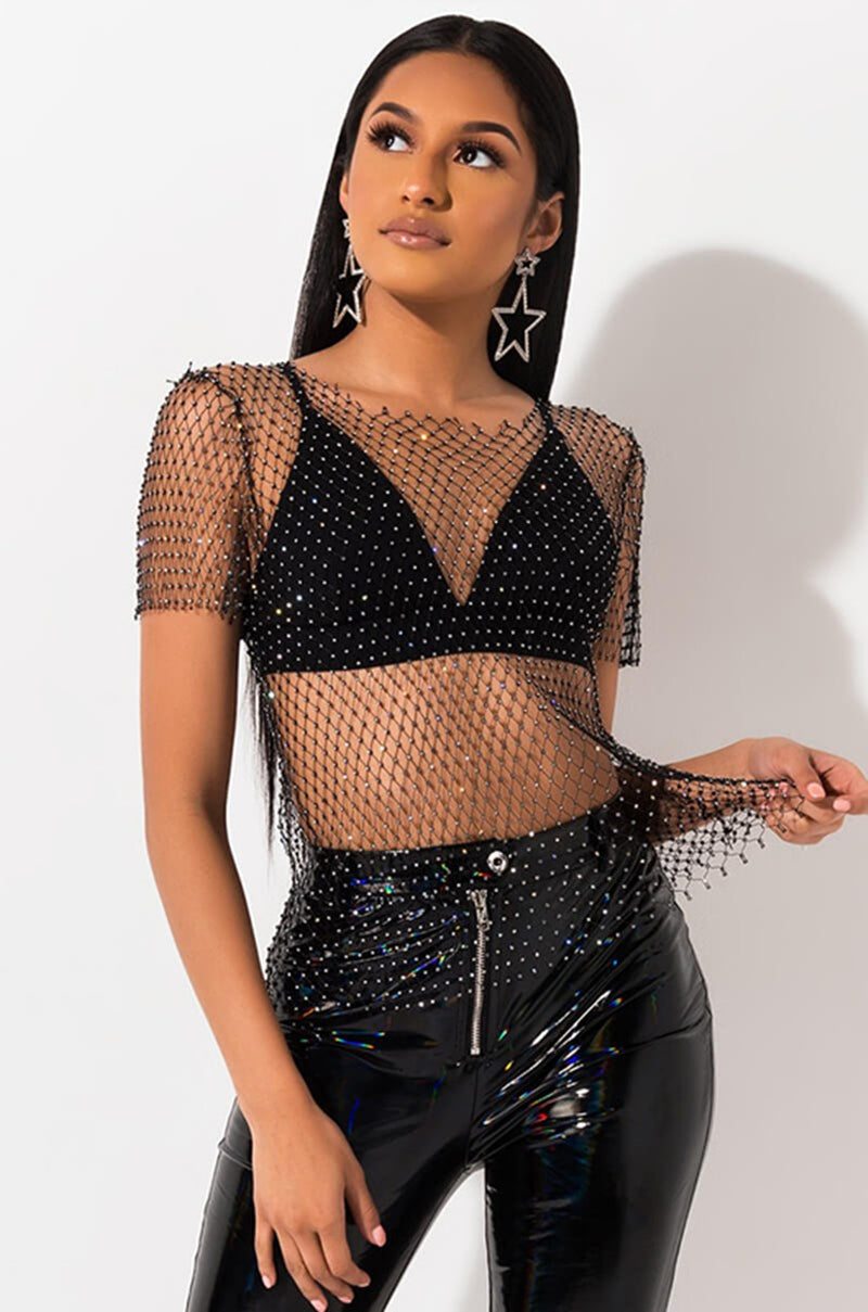 Revealing See-through Mesh Tee Top with Shining Rhinestones , Bikini Cover Up Tops, ClubWear - KellyModa Store