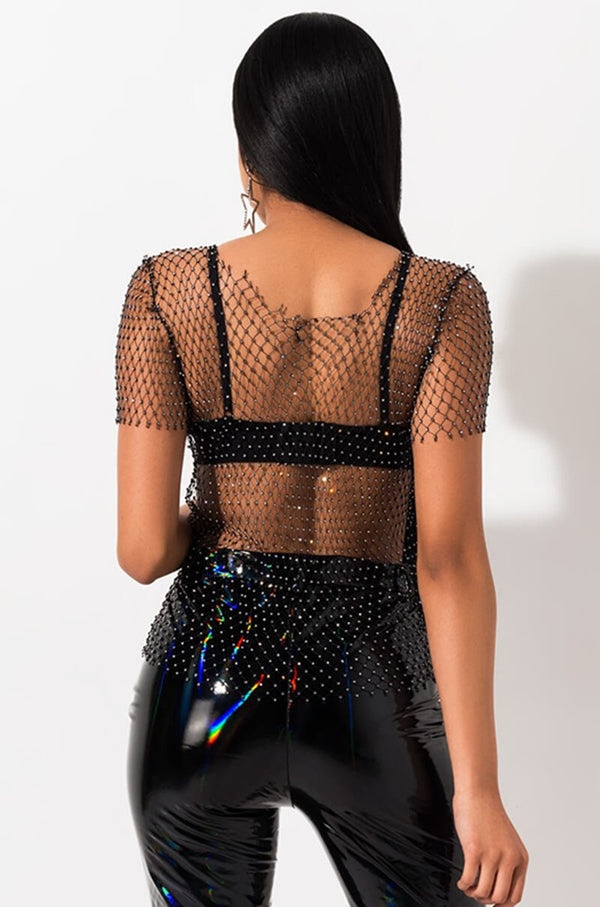 Revealing See-through Mesh Tee Top with Shining Rhinestones , Bikini Cover Up Tops, ClubWear - KellyModa Store