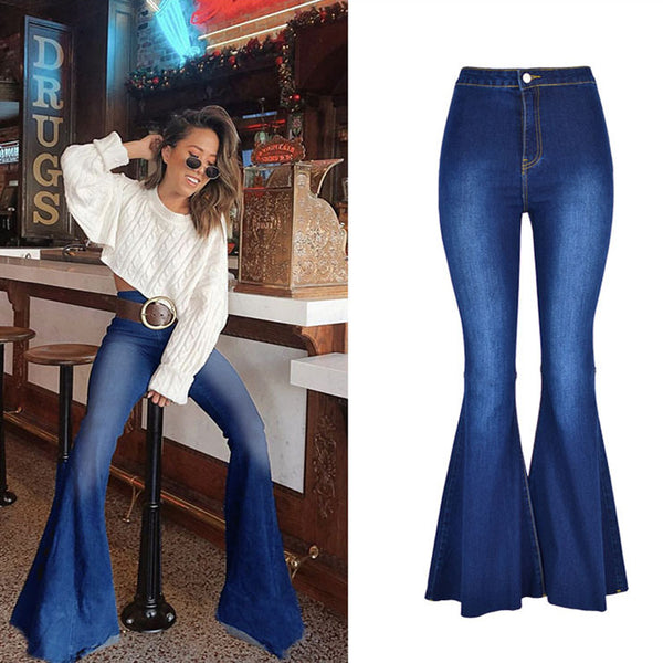 Retro exaggerated Flared Navy! Women Jeans, Denim, Slim Fitting Women Jeans, Femme Bottoms, Bell Bottom - KellyModa Store