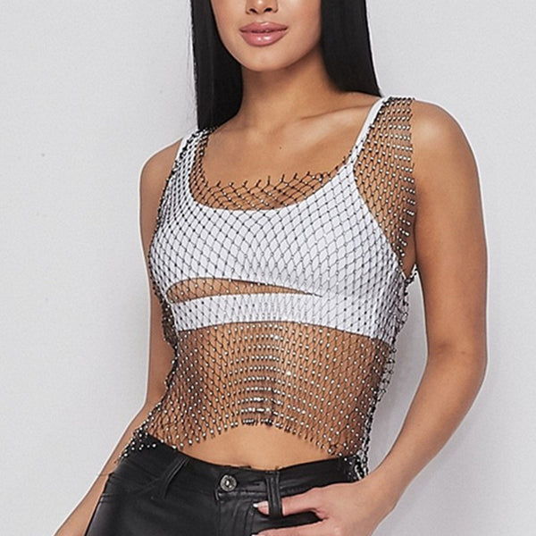 See-through Mesh Crop Tank Top with Shining Rhinestones , Bikini Cover Up Tops, ClubWear - KellyModa Store